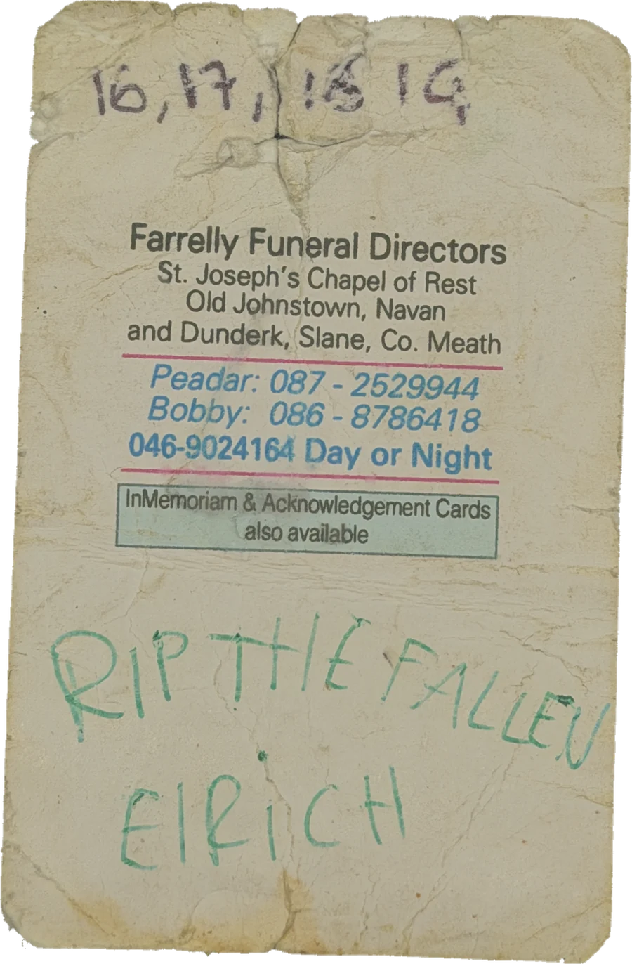 Elrich Caputo memorial card, back — RIP the fallen